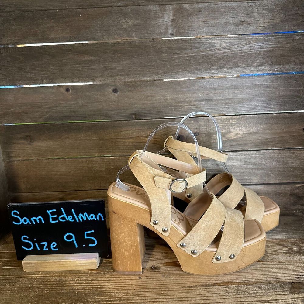 Womens Sam Edelman Rosalind Beige Suede Platform Block Heels Sandals Size 9.5 M